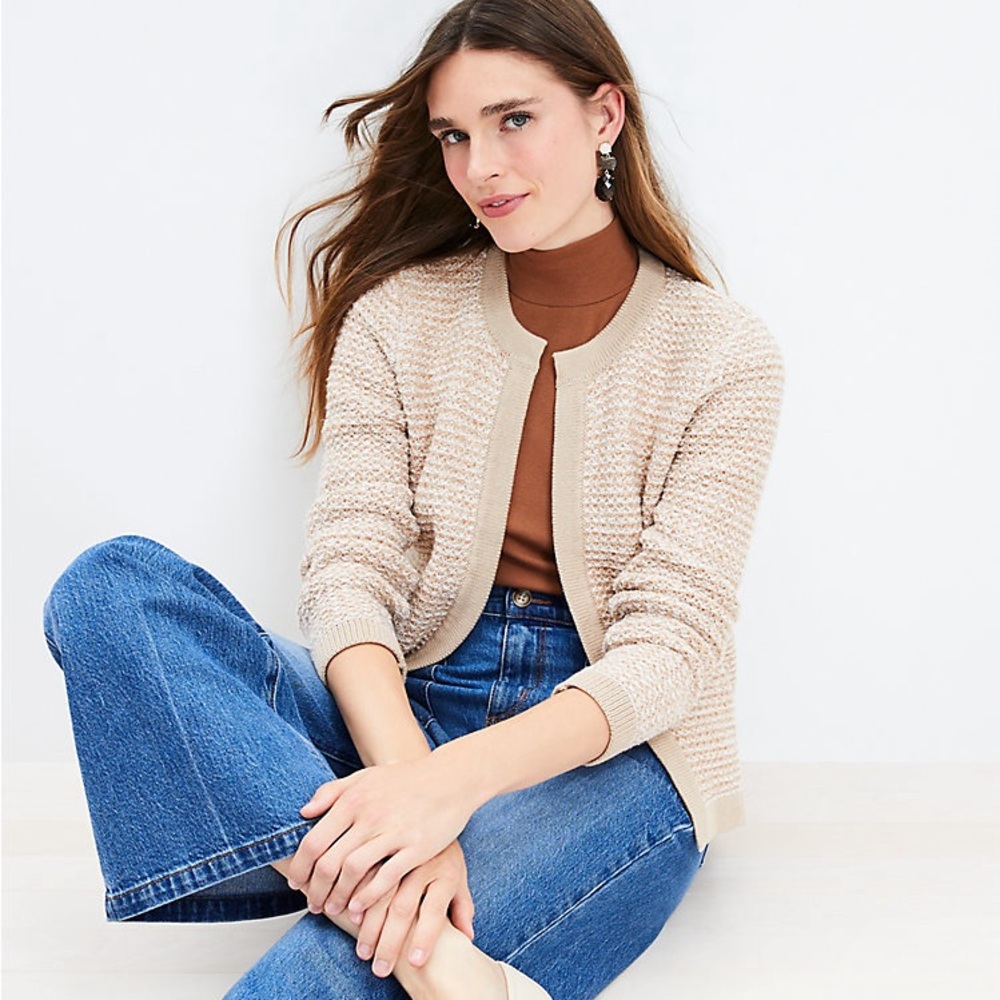 Textured Tweed LOFT Open Front Sweater Knit Jacket Coquette Neutral Beige Small
